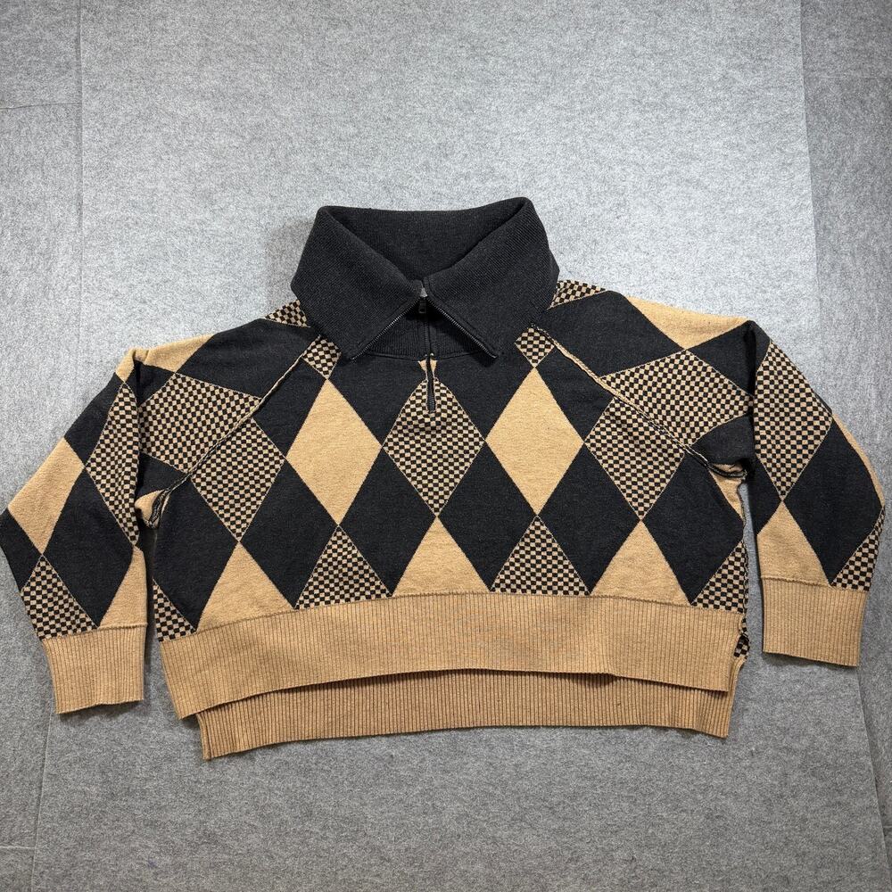 Free People Argyle Cropped Sweater Womens S Black Tan Cowl Neck 1/4 Zip Knit